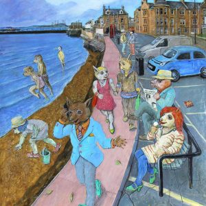 Johnny Johnstone_Down on the Esplanade a Worried Foxy Takes a Call_Mixed Media_31.5x27.5_35x31_1400_Unframed
