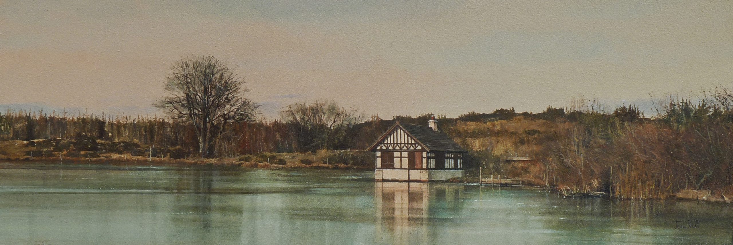 25 Boat House in Winter, Redmyre Loch, Sidlaws (size 36 x 12 inches)-min